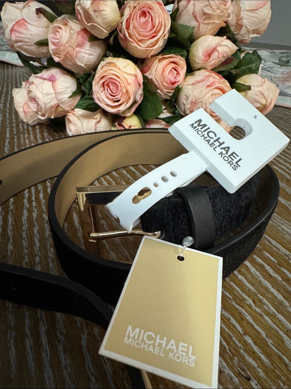 MICHAEL Michael Kors Black Belt with Gold Buckle